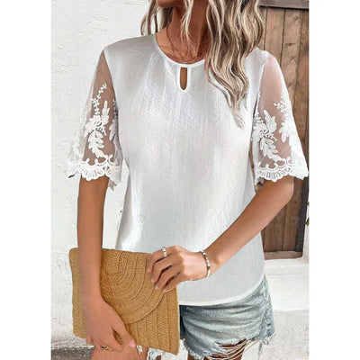 Women’s Blouse – Relaxed Fit – Sheer Lace Sleeves – Keyhole Neckline – Lightweight Fabric