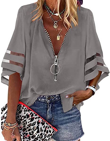 Women’s Zip-Up Blouse – Relaxed Fit – Slit Elbow Sleeves – V-Neck