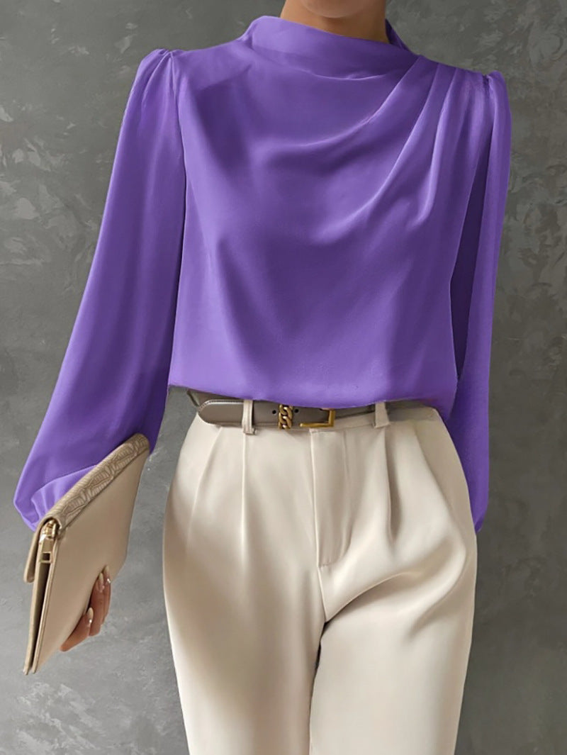 Women’s Satin Blouse – Relaxed Fit – High Neck – Long Sleeve Elegant Draped Top