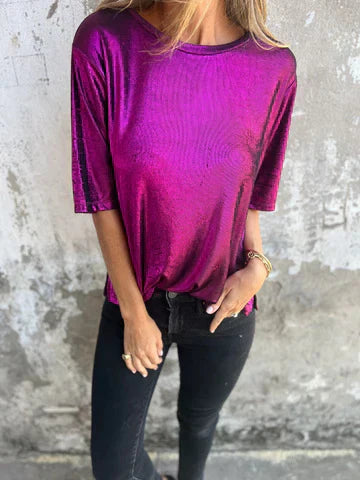 Women’s Blouse – Relaxed Fit – Shimmer Finish – Short Sleeve – Breathable Blend