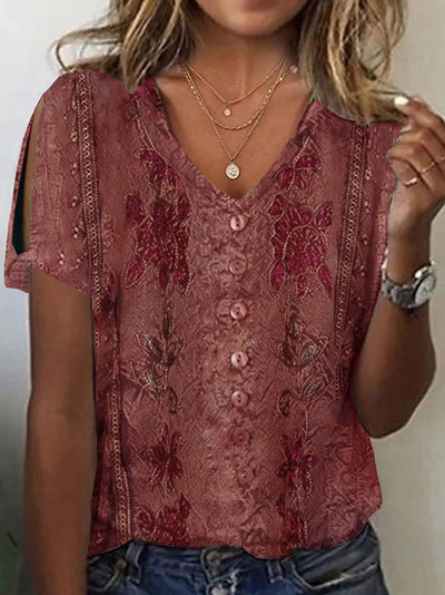 Women’s Blouse – Relaxed Fit – V-Neck Button Front – Embroidered Boho Style – Breathable Blend
