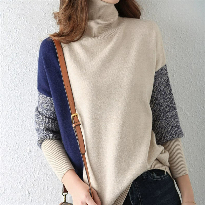 Women’s Sweater – High Collar – Loose Fit – Knitted Wool Blend – Ribbed Cuffs and Hem