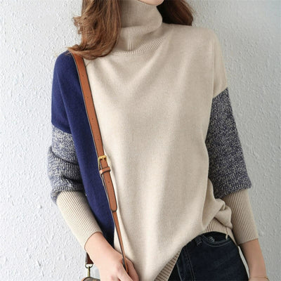 Women’s Sweater – High Collar – Loose Fit – Knitted Wool Blend – Ribbed Cuffs and Hem