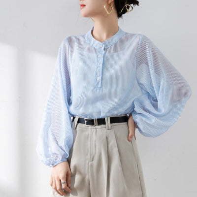 Women’s Blouse – Sheer Lightweight Fabric – Puff Sleeve – Stand Collar – Relaxed Fit