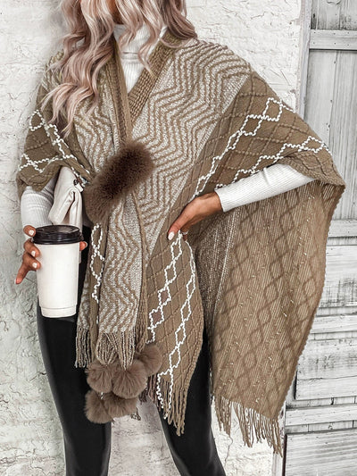 Women’s Cape Shawl Cardigan – Wool Knit – Oversized Fit – Fringe Hem – V-Neck Boho Style