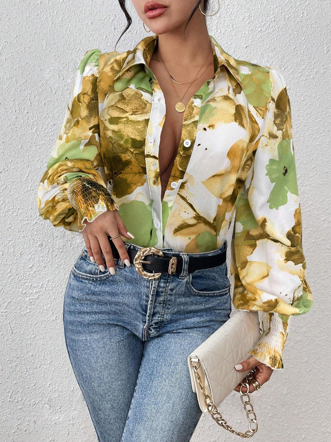 Women’s Blouse – Button-Down Style – Long Puff Sleeves – Bold Floral Print – Collared Neck