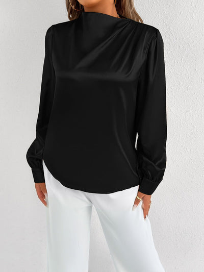 Women’s Satin Blouse – Relaxed Fit – High Neck – Long Sleeve – Minimalist Elegant Style