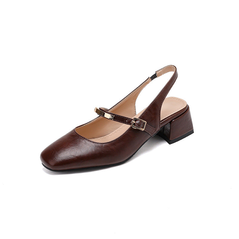 Women’s Slingback Heels – Faux Leather – Block Heel – Square Toe – Studded Strap