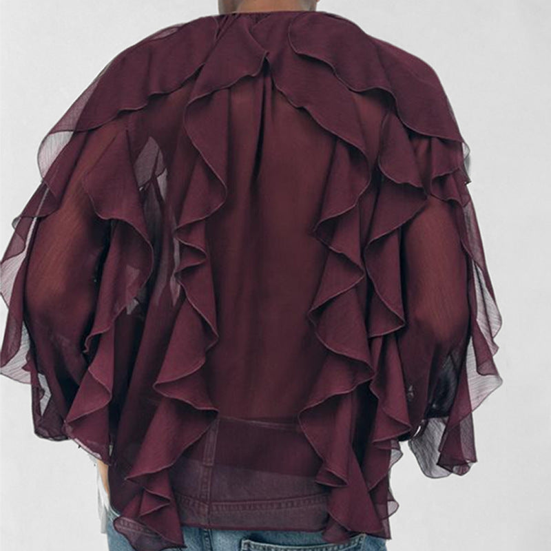 Women’s Blouse – Loose Fit – V-Neck – Long Sleeve – Layered Ruffle – Button Down