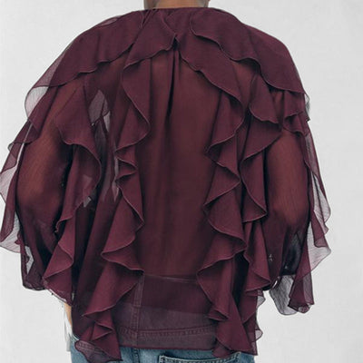 Women’s Blouse – Loose Fit – V-Neck – Long Sleeve – Layered Ruffle – Button Down