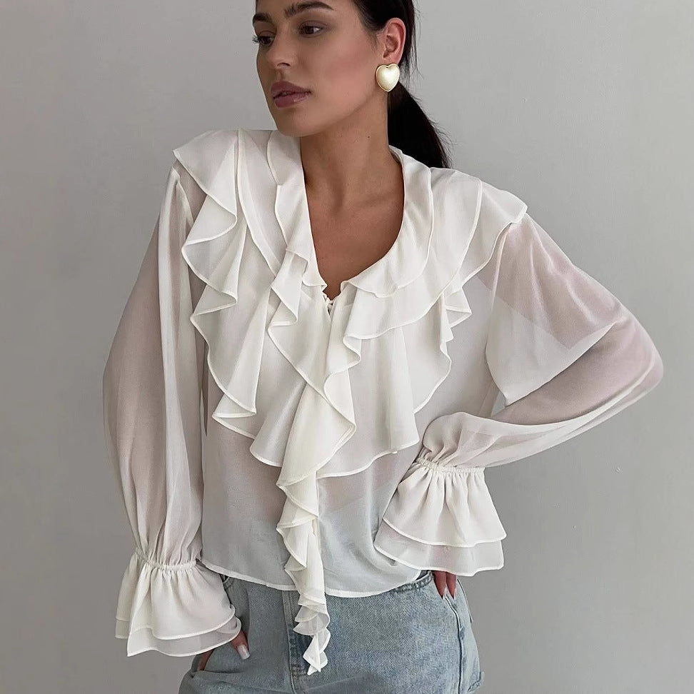 Women’s Blouse – Sheer Chiffon – Ruffle V-Neck – Relaxed Fit Long Sleeve