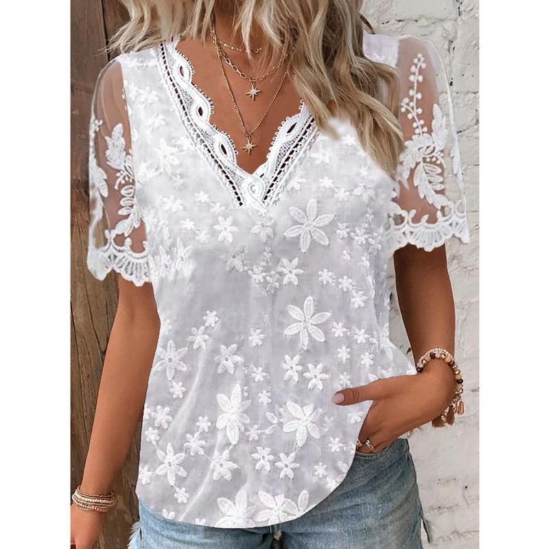 Women’s Blouse – Relaxed Fit – Sheer Sleeves – Embroidered Floral V-Neck Lace Trim
