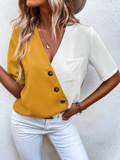 Women’s Blouse – Relaxed Fit – V-Neck – Short Sleeve – Colorblock – Button Detail