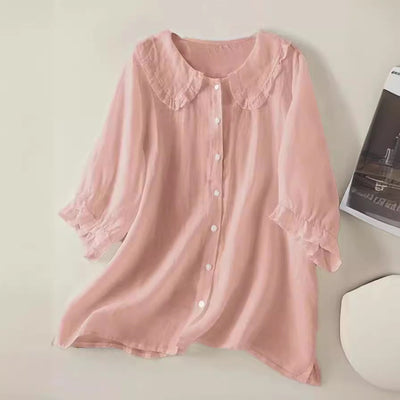 Women's cotton linen loose peter pan ruffles neck shirt