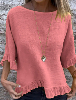 Women’s Blouse – Cotton Linen – Relaxed Fit – Short Sleeve – Ruffle Hem – Round Neck