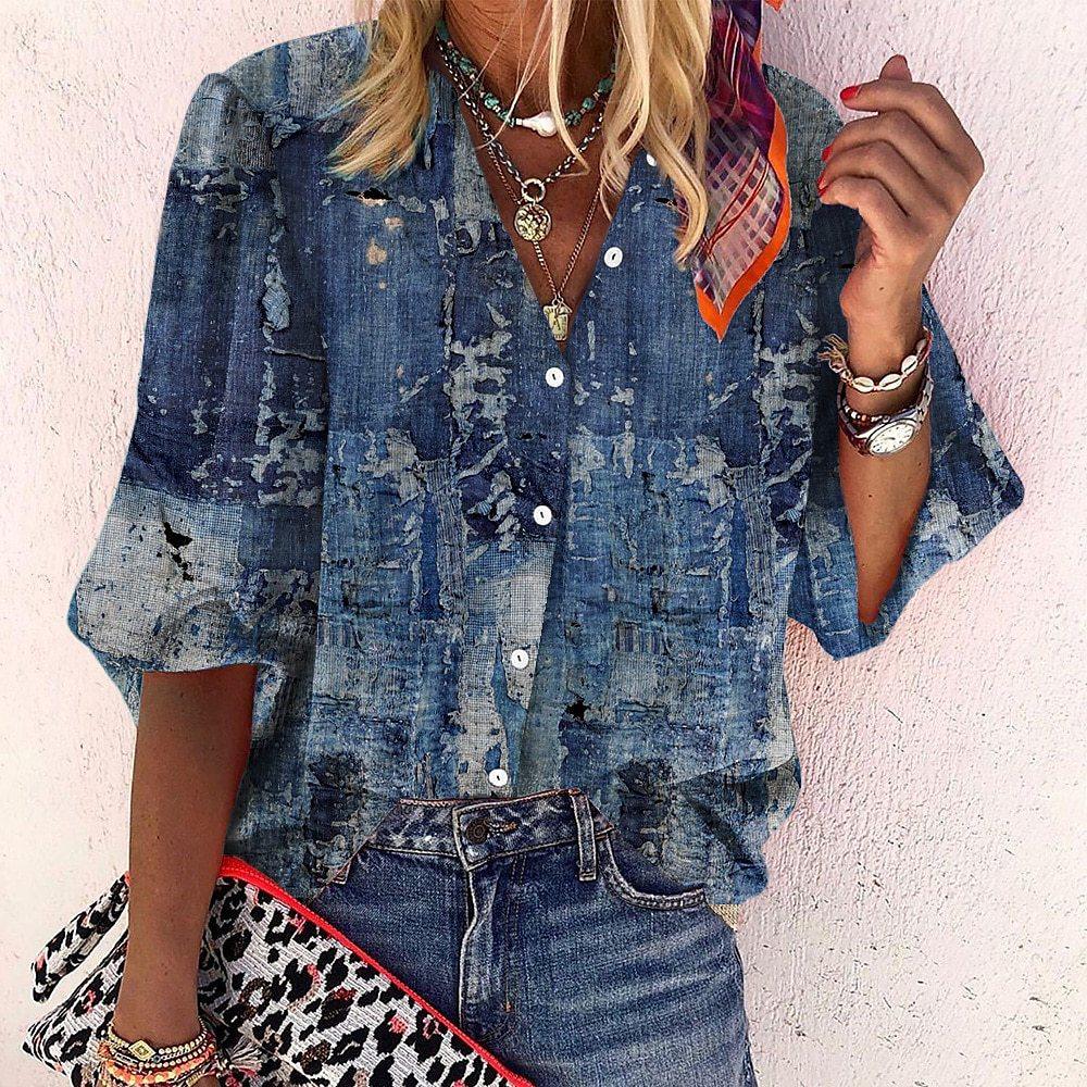 Women's Printed Boho Long Sleeve Tunic Blouse