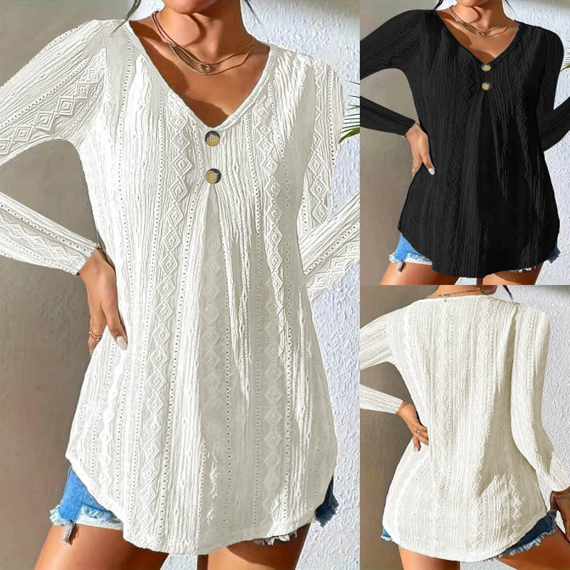 Ottilie | Button Detail Long Sleeve Top - Casual V-Neck