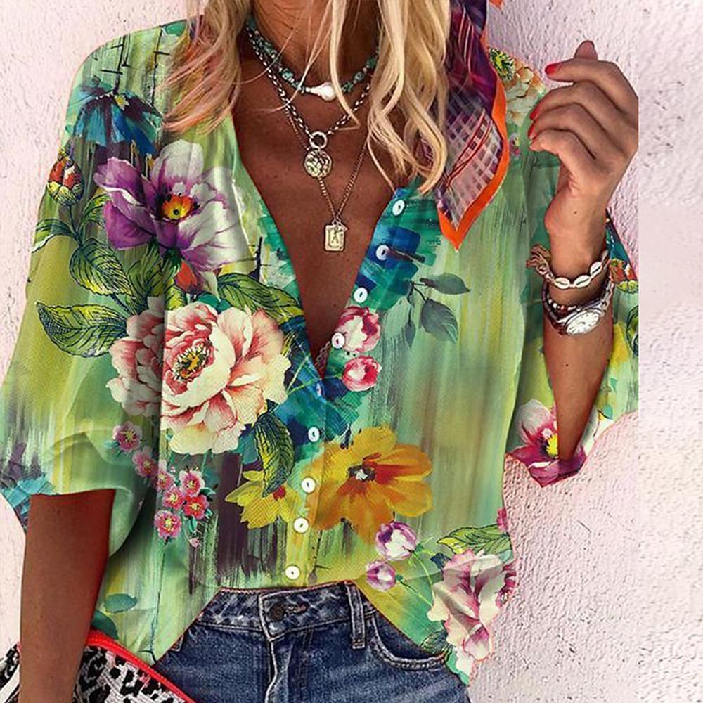 Women's Printed Boho Long Sleeve Tunic Blouse