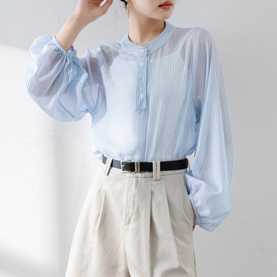 Women’s Blouse – Sheer Lightweight Fabric – Puff Sleeve – Stand Collar – Relaxed Fit