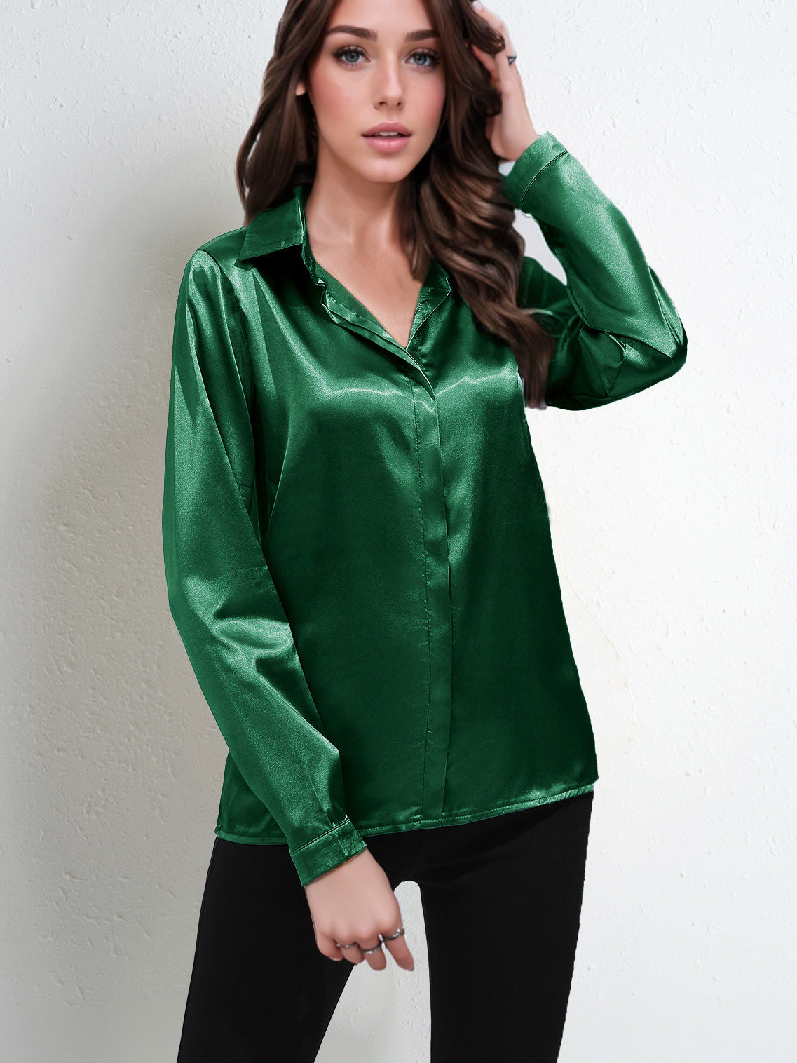 Women’s Blouse – Satin – Relaxed Fit – Long Sleeve V-Neck Button-Down