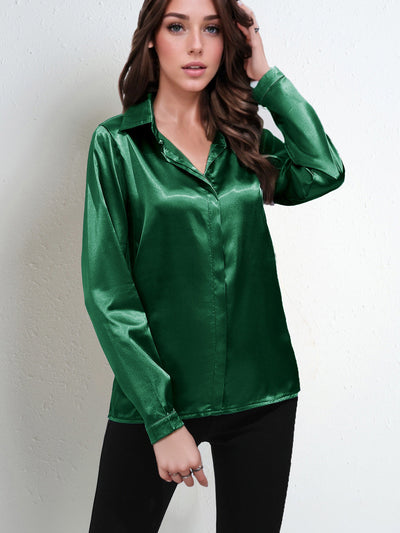 Women’s Blouse – Satin – Relaxed Fit – Long Sleeve V-Neck Button-Down