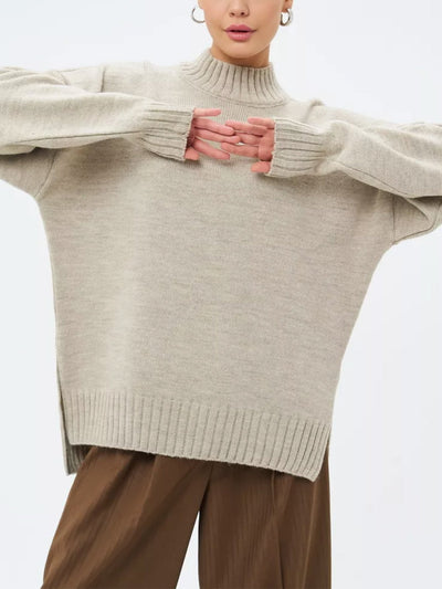 Women’s Pullover Sweater – Oversized Fit – Ribbed Knit – Semi-High Neck – Dropped Shoulder