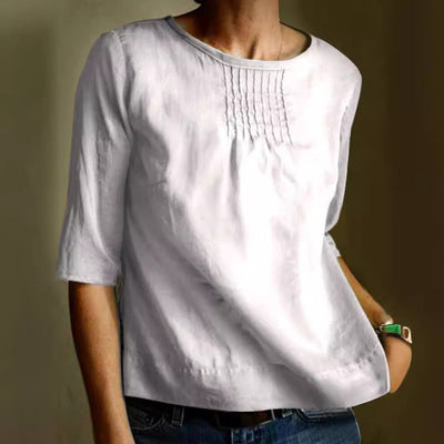 Women’s Blouse – Cotton Linen Blend – Loose Fit – 3/4 Sleeve – Pleated Front