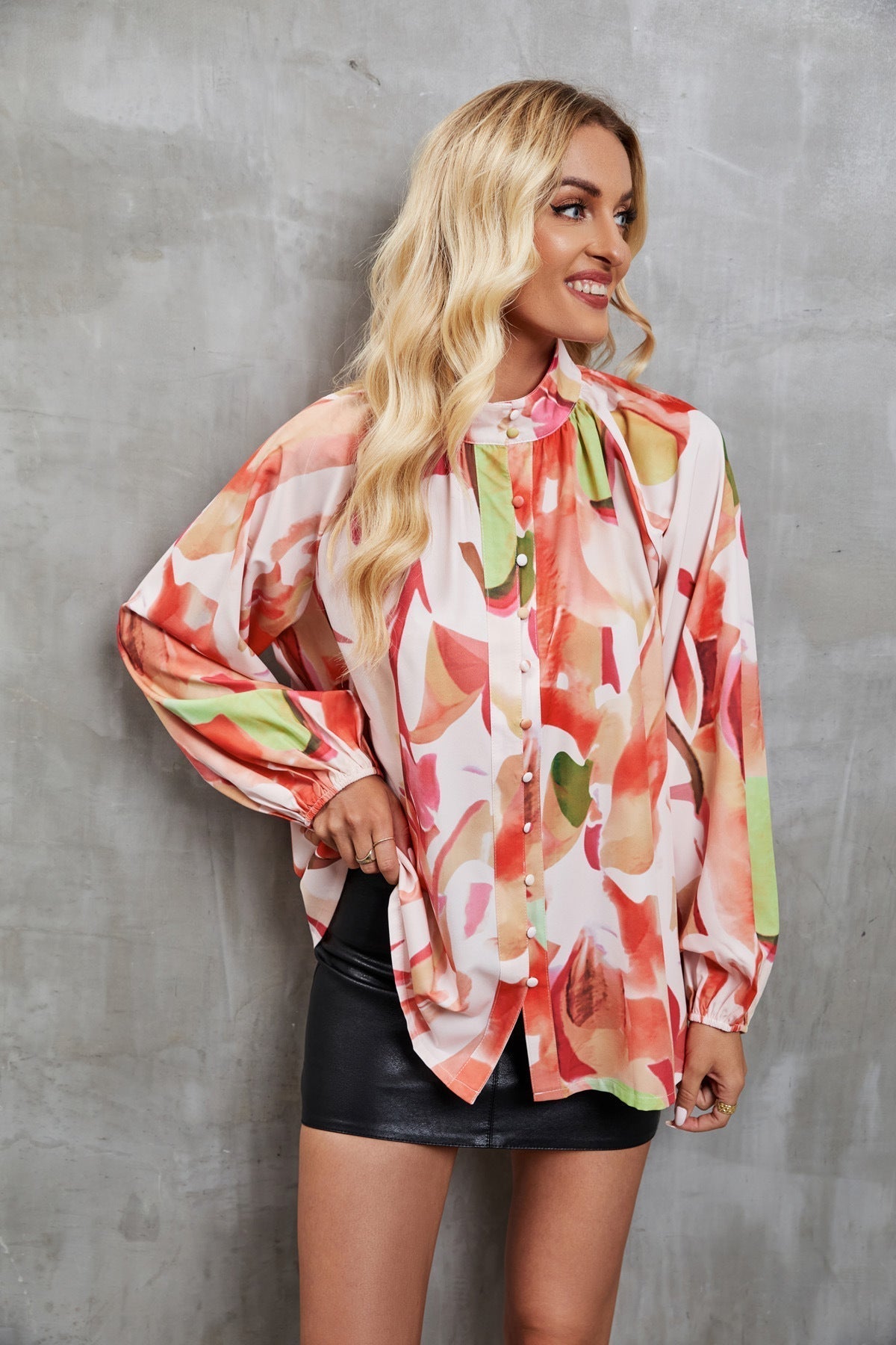 Women’s Long Sleeve Blouse – Relaxed Fit – Artistic Print – Lightweight Casual Top