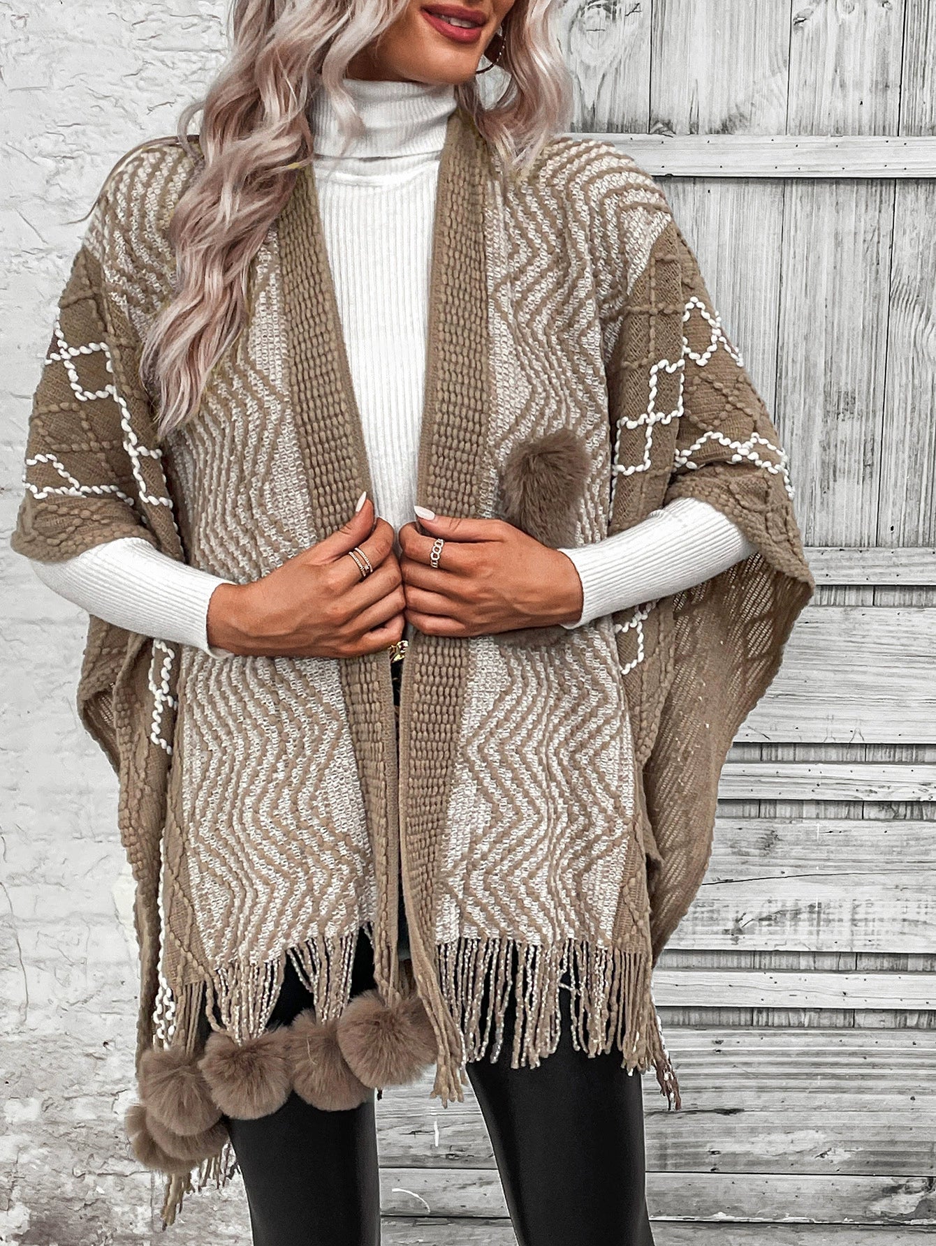 Women’s Cape Shawl Cardigan – Wool Knit – Oversized Fit – Fringe Hem – V-Neck Boho Style