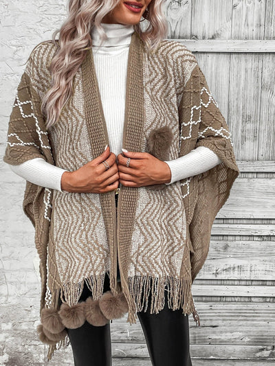 Women’s Cape Shawl Cardigan – Wool Knit – Oversized Fit – Fringe Hem – V-Neck Boho Style