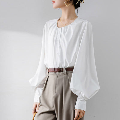 Women’s Blouse – Loose Fit – Lantern Sleeve – Round Neck – Button Front – Elegant Style
