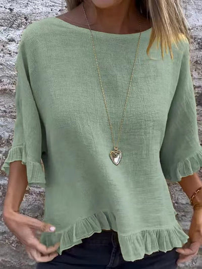 Women’s Blouse – Cotton Linen – Relaxed Fit – Short Sleeve – Ruffle Hem – Round Neck