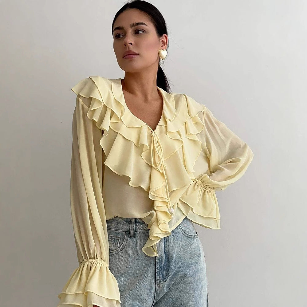 Women’s Blouse – Sheer Chiffon – Ruffle V-Neck – Relaxed Fit Long Sleeve