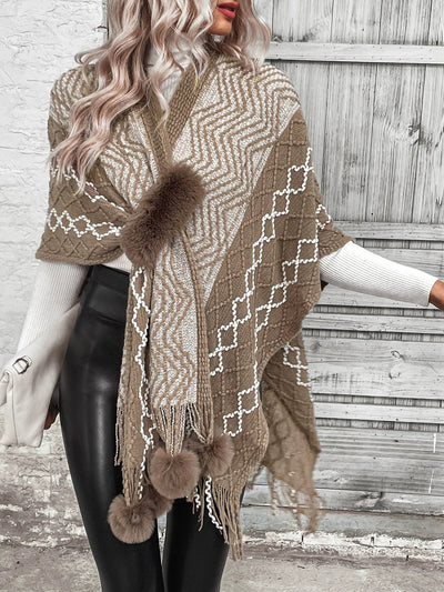 Women’s Cape Shawl Cardigan – Wool Knit – Oversized Fit – Fringe Hem – V-Neck Boho Style