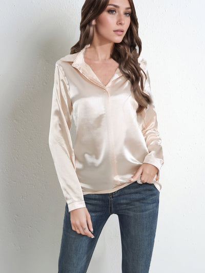 Women’s Blouse – Satin – Relaxed Fit – Long Sleeve V-Neck Button-Down