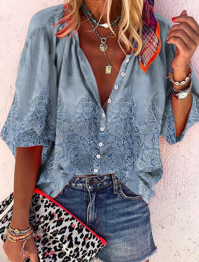 Women's Printed Boho Long Sleeve Tunic Blouse