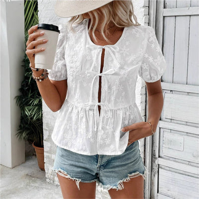 Women’s Blouse – Lace Embroidered – Puff Sleeve – Tie Front – Flared Fit – Cotton Blend