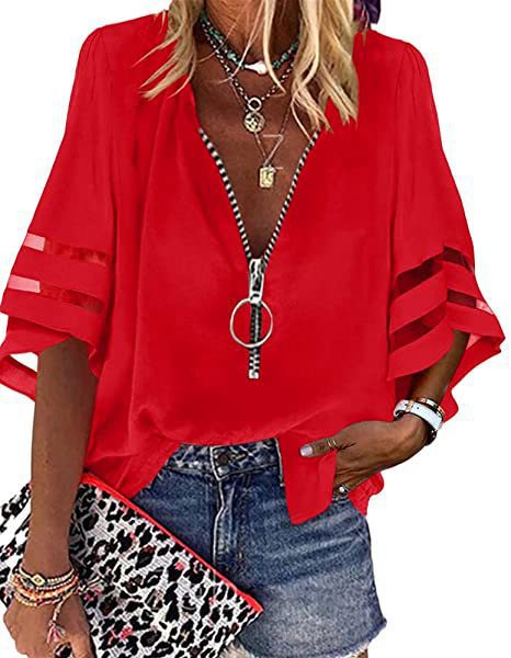 Women’s Zip-Up Blouse – Relaxed Fit – Slit Elbow Sleeves – V-Neck
