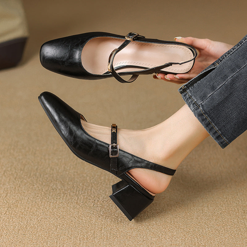 Women’s Slingback Heels – Faux Leather – Block Heel – Square Toe – Studded Strap