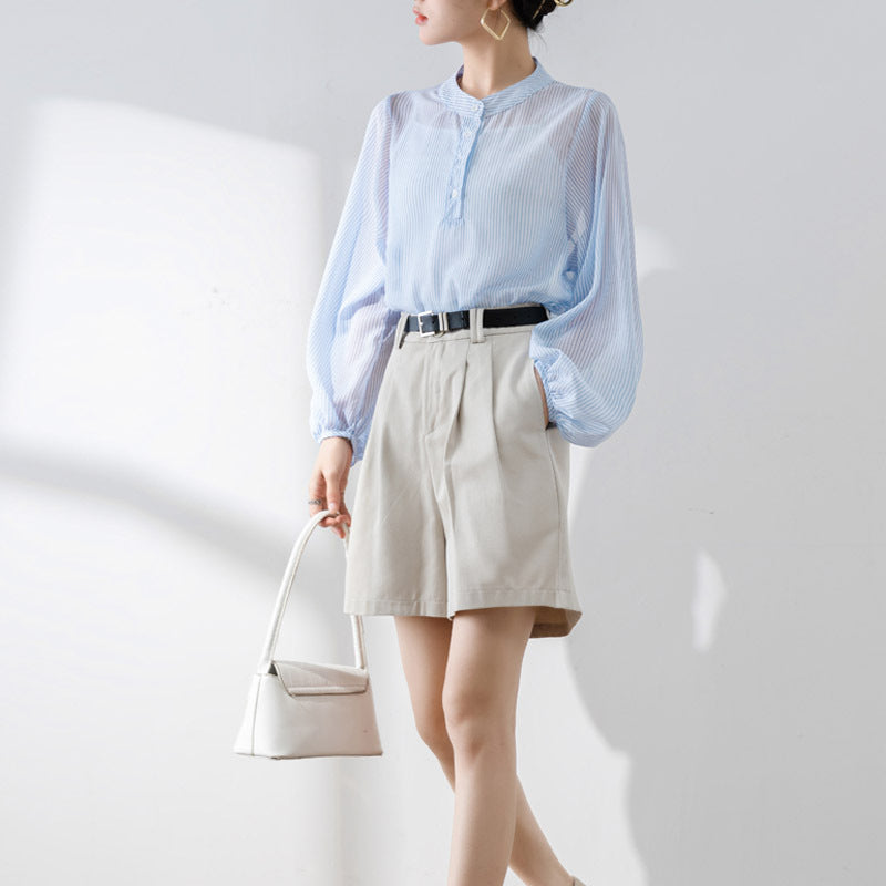 Women’s Blouse – Sheer Lightweight Fabric – Puff Sleeve – Stand Collar – Relaxed Fit