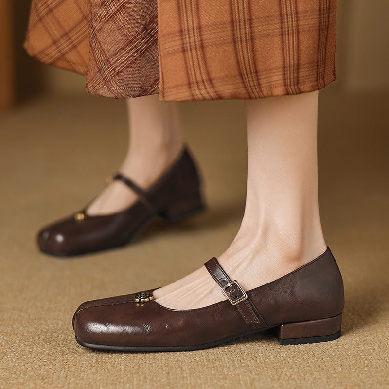 Women’s Flat Shoes – Square Toe – Leather-Look – Buckle Strap – Block Heel Comfortable Fit