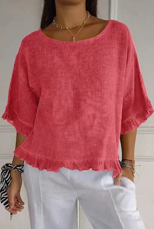 Women’s Blouse – Cotton Linen – Relaxed Fit – Short Sleeve – Ruffle Hem – Round Neck