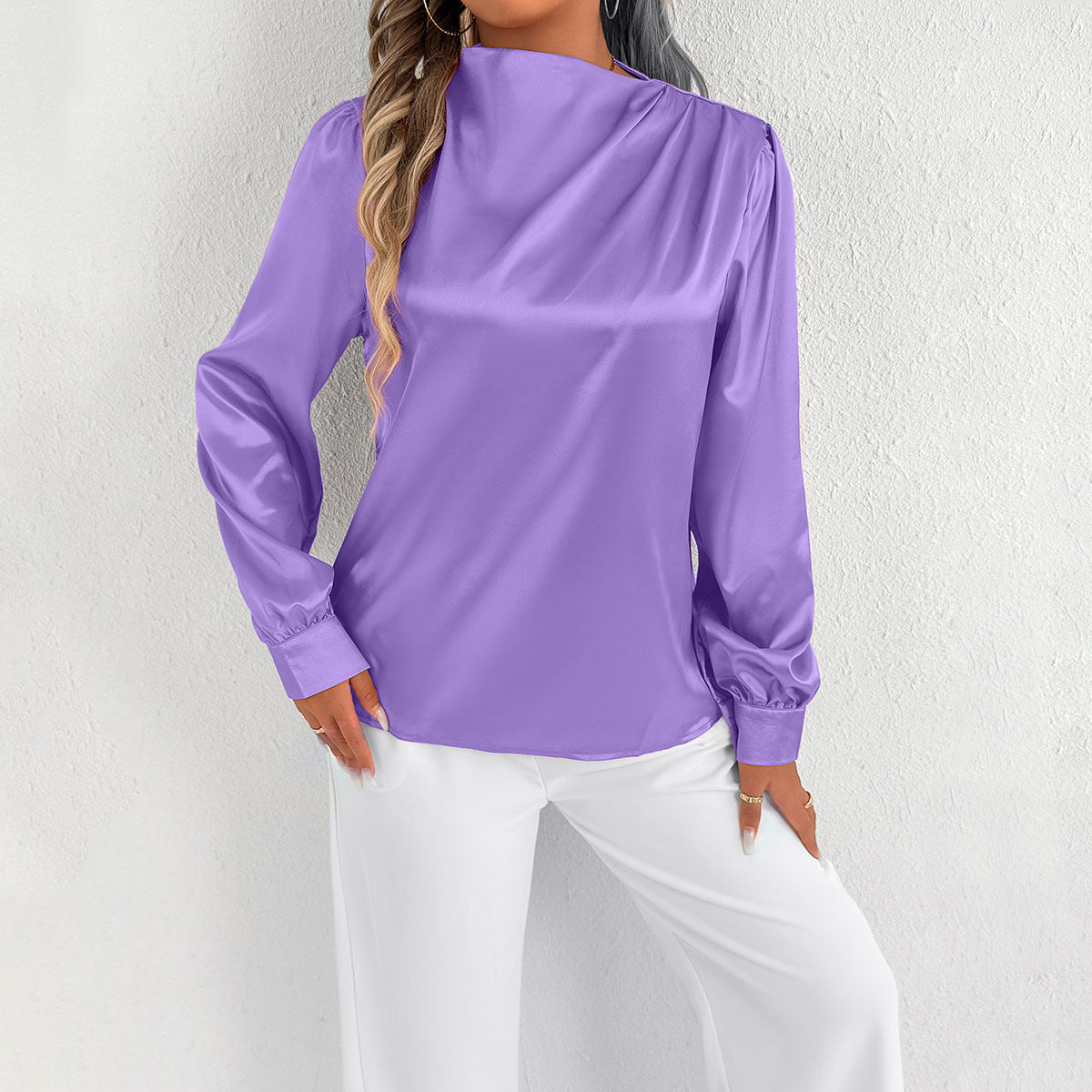 Women’s Satin Blouse – Relaxed Fit – High Neck – Long Sleeve – Minimalist Elegant Style