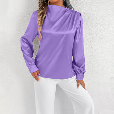 Women’s Satin Blouse – Relaxed Fit – High Neck – Long Sleeve – Minimalist Elegant Style