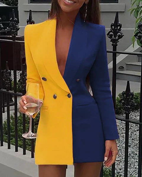 Women’s Blazer Dress – Tailored Fit – Two-Tone – Double Breasted – V-Neck Mini – Long Sleeve