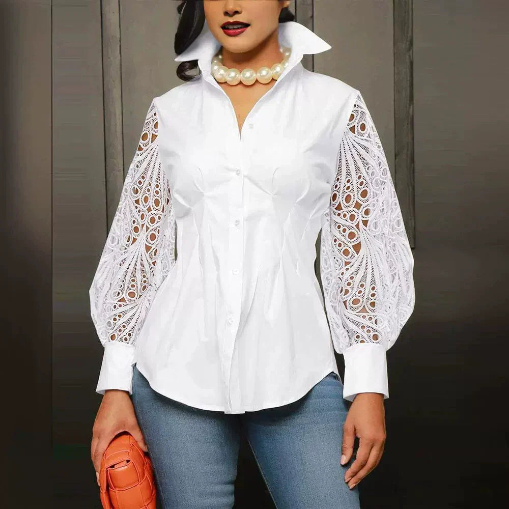 Women’s Blouse – Tailored Fit – High Collar – Lace Balloon Sleeves – Cotton Blend