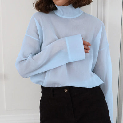 Women’s Blouse – Sheer Lightweight Fabric – Relaxed Fit – Long Sleeve Turtleneck