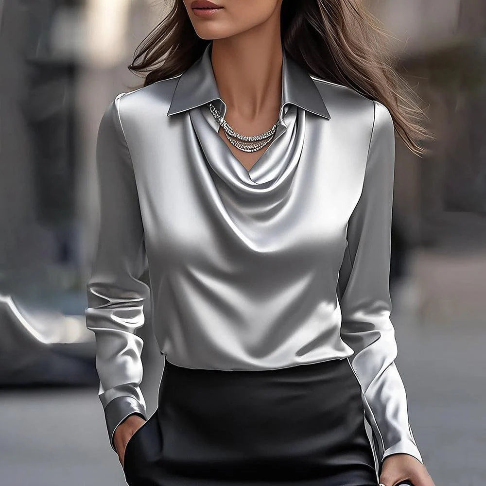 Women’s Blouse – Satin Feel – Draped Cowl Neck – Tailored Fit – Long Sleeve