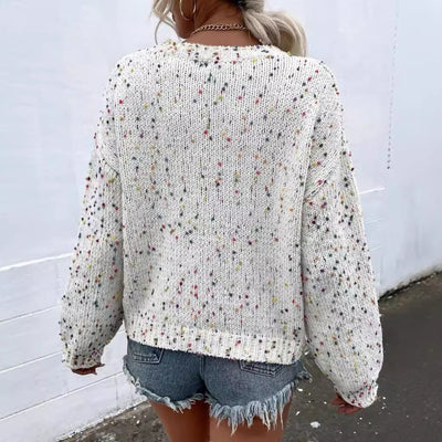 Women’s Pullover Sweater – Relaxed Fit – Knit Fabric – Ribbed Trim – Speckled Pattern