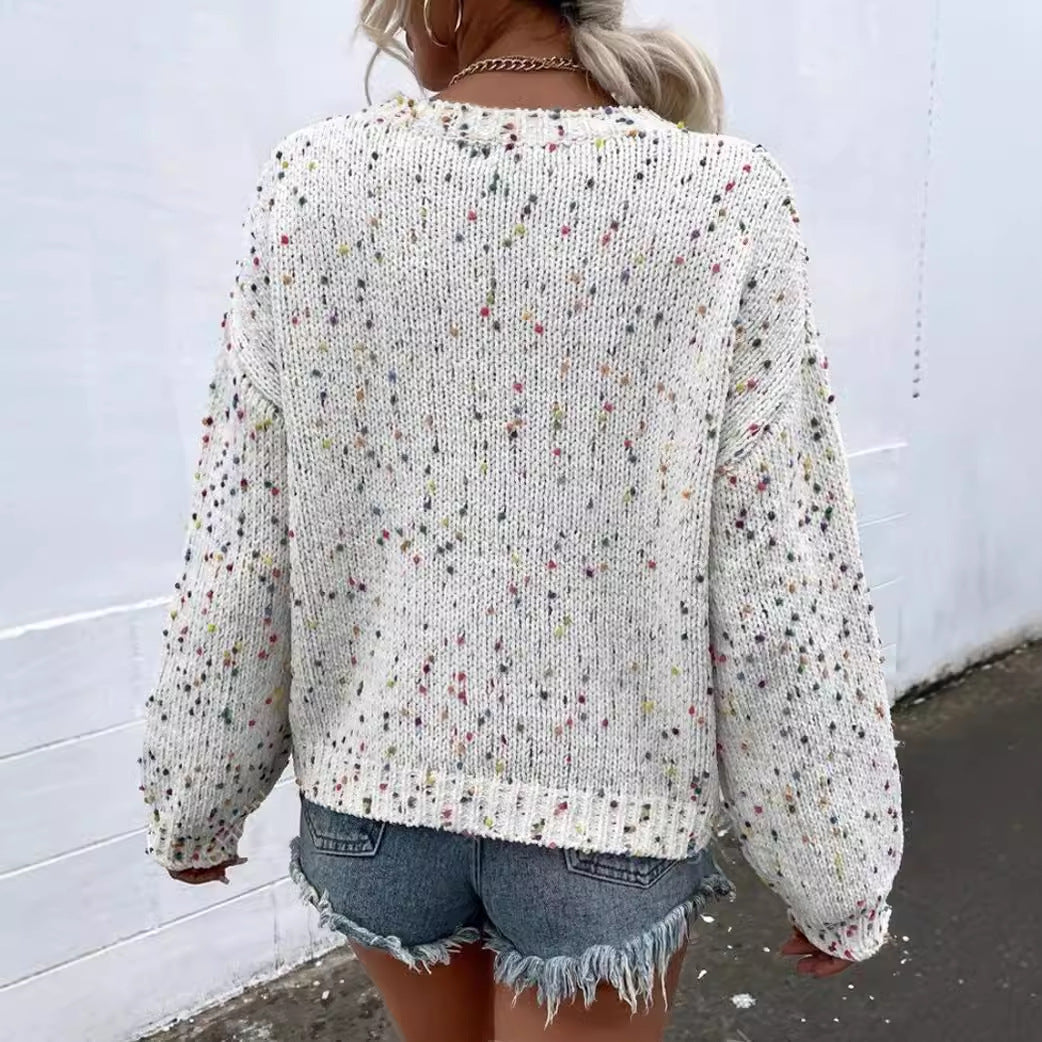 Women’s Pullover Sweater – Relaxed Fit – Knit Fabric – Ribbed Trim – Speckled Pattern